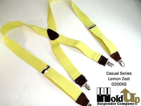 Hold-up's Casual Series in a LEMON ZEST pale yellow solid color men's suspender featuring our patented No-slip clip with gold metal finish and length adjuster