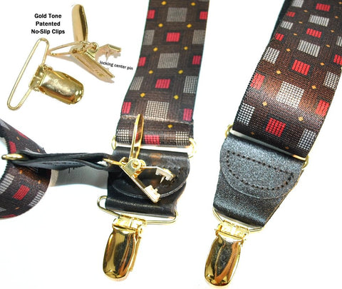 Designer Series Holdup suspenders are made in the USA with patented no-slip gold tone slips