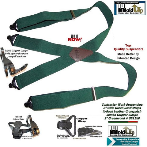 Dark Green Holdup Contractor Series X-back Suspenders with patented jumbo Gripper Clasps