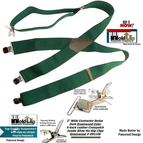 Holdup Contractor 2inch wide X-back work suspenders in Dark Green color with patented No-slip clips