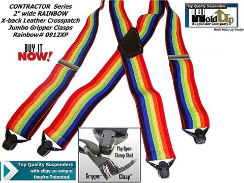 Holdup Contractor Series 2" wide Rainbow colored X-back suspender with black jumbo Gripper Clasps