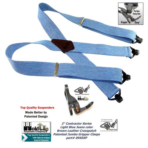 Heavy Duty 2" wide Holdup light blue denin colored work suspenders with Patented Gripper clasps