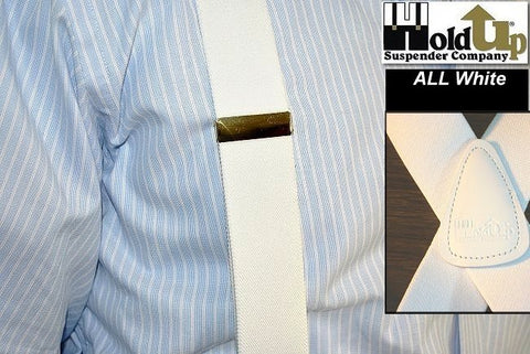 All white X-back Holdup clip-on casual series suspenders with Gold tome no-slip clips