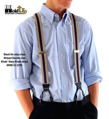 Hold-Up Brand Khaki Tan & Navy stripe pattern suspenders – Holdup