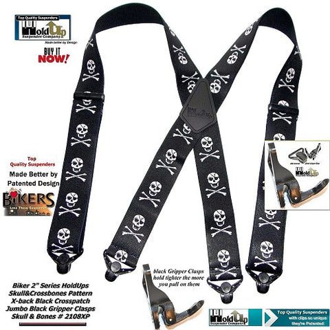 Holdup Brand Biker Series Skull & Crossbones pattern X-back suspenders with black Jumbo Gripper Clamp Clasps