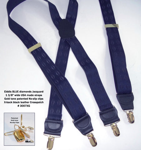Jacquard Elddis mirrored pyramids in a blue on blue jacquard weave Holdup X-back suspender with gold no-slip clips