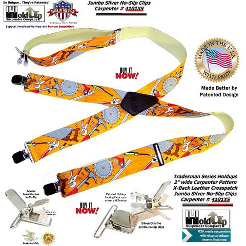 Holdup Brand Tradesmen Series Suspenders in Carpenter Pattern with Jumbo No-slip Center pin type Clips