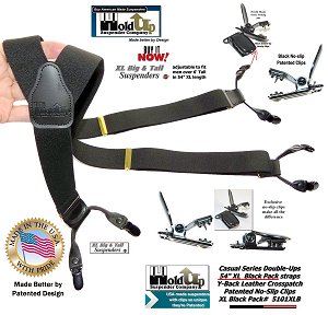  American made traditional button-on style black suspender braces with patented no-slip clips