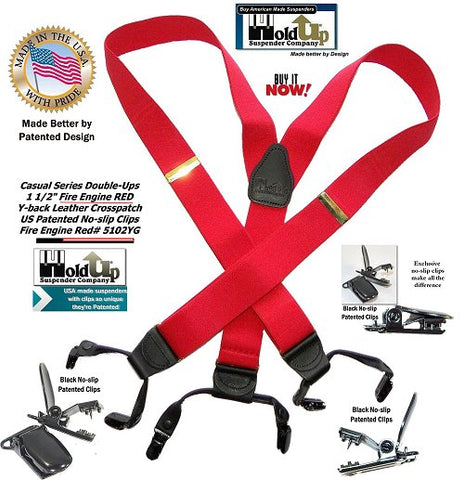 Bright Fire Engine Red dual clip Double-UP style Holdup Suspenders for businessmen wanting to get noticed in a crowd.