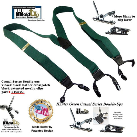 Casual Series Dual Clip Double-Up dressy Hunter Green Holdup Suspenders with black patented no-slip clips