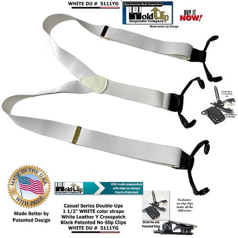 Dual Clip Double-Up Casual Series White Dressy Y-back Suspenders made in the USA with patented black no-slip clips