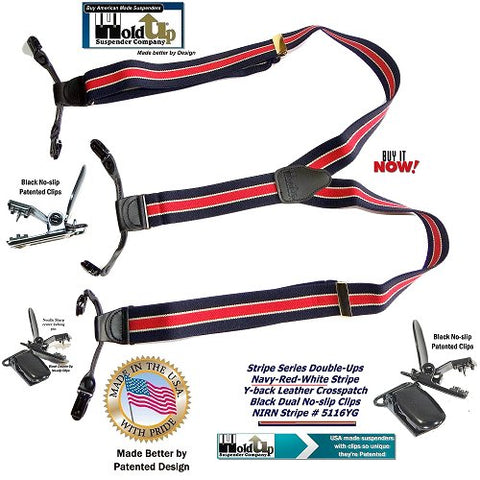 Holdup Brand Double-Up Style Navy blue and red striped men's Y-back suspender with white accent stripe and patented no slip clips