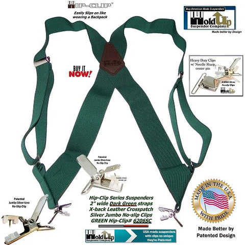 Dark Green USA made Hip-Clip wide side clip Holdup suspenders with jumbo silver no-slip clips