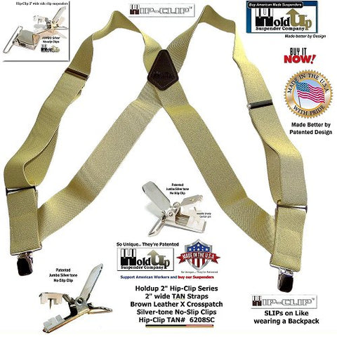 USA made Holdup Tan Trucker style side clip-on work suspenders in 2 inch width with jumbo No-slip clips