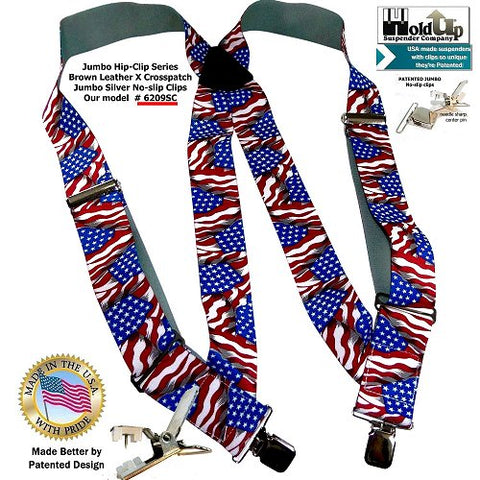 Hip-Clip Series Holdup 2" wide side clip suspenders in USA Flag pattern featuring our jumbo silver-tone no slip clips