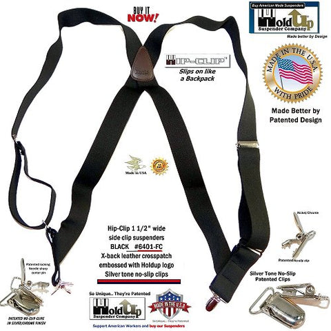 Holdup Black 1 1/2" Hip-Clip side clip-on suspenders with patented silver-tone no-slip center pin type clips