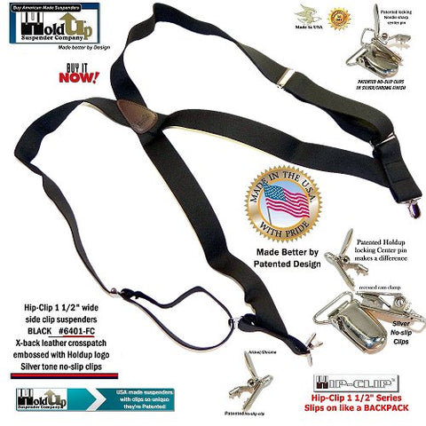 USA made Hip-Clip black suspenders with brown leather X-back crosspatch and silver no-slip clips