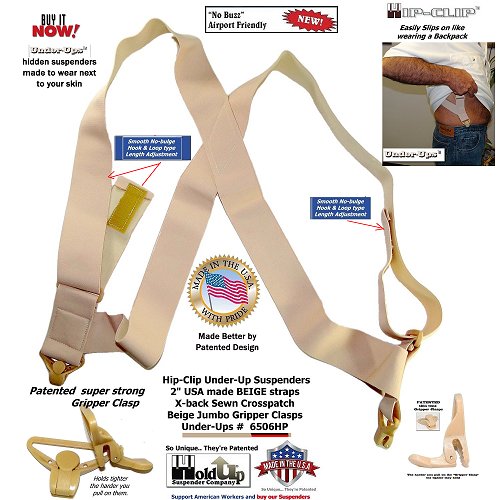 Hold Up Brand Under-Up Series Tan Suspenders are Patented with Our Airport Friendly Composite Plastic Gripper Clasp
