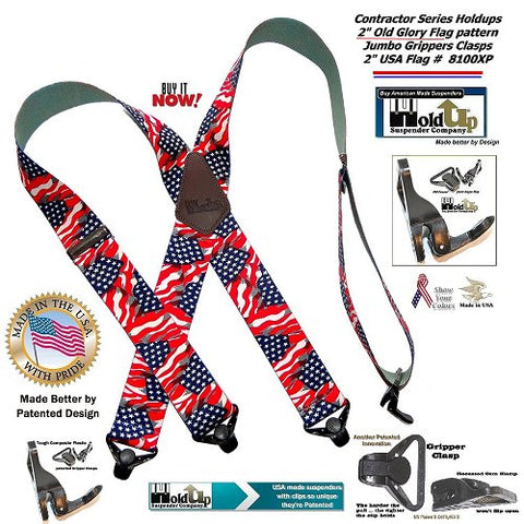 American made Holdup Old Glory X-back wide work suspenders with patented jumbo Gripper Clasps.