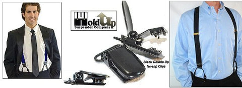 Black Sapphire Dual Clip Double-Ups have dense weave smooth satin finished 1 1/2" straps and Y-back black leather crosspatch