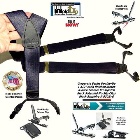 Corporate Series Holdup Black Sapphire color dressy dual clip Double-Up style suspenders with patented no-slip clips