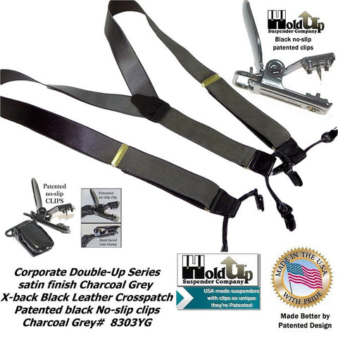 HoldUp Brand Corporate Series Dual Clip Double-up Suspenders in Satin Finish Charcoal Gray with black No-slip Clips
