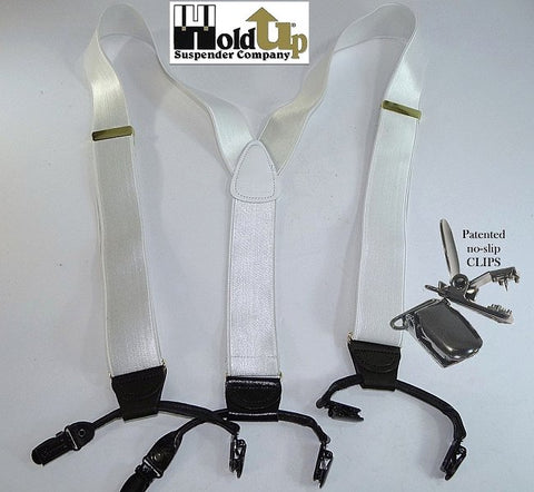 The beautiful satin white dense weave White House Double-Up suspenders are the perfect suspender for wearing with a white tuxedo