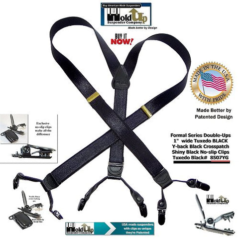 American made Tuxedo black Holdup 1" wide dressy clip-on dual clip Holdup suspenders with satin finished dense weave straps