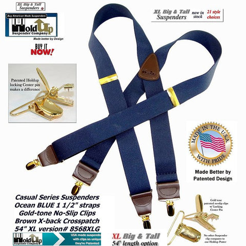 Ocean blue XL Holdups have brown top grade leather tapered leather clip tab holders and double stitched X-style crosspatch in big and tall 54" size
