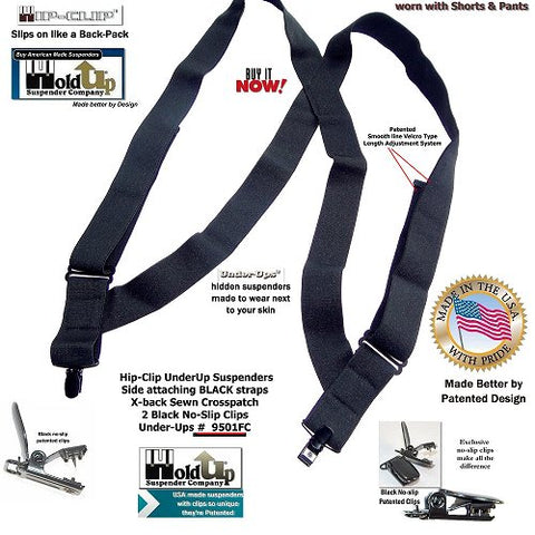 Black 1 1/2" wide Under-Up hidden Holdup undergarment suspenders that slip on like wearing a backpack