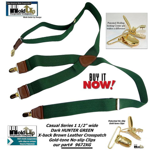 Holdup Brand Hunter Green Men's Clip-On Suspenders with X-Back Style and Gold No-slip Clips