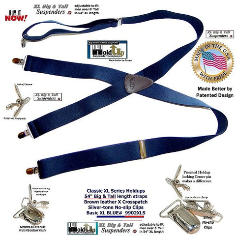 Classic Big and Tall XL Holdup Series X-back Navy Blue suspenders with silver tone no-slip clips