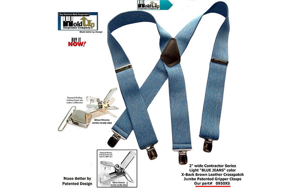 Blue Denim HoldUp Clip-On Wide Work Suspenders with Silver No-Slip Clips