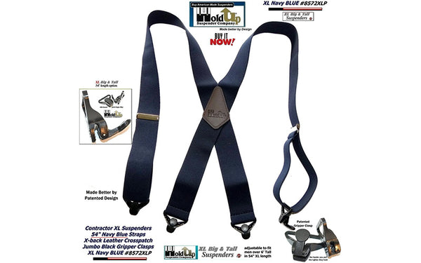 Extra Long XL Navy Blue Work Suspenders with Jumbo Gripper Clasps