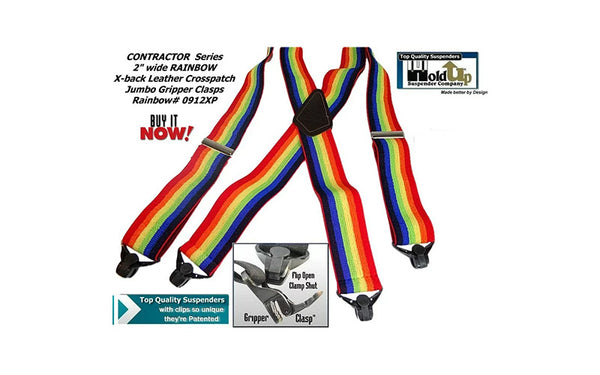 Heavy Duty Rainbow of Color Suspenders w/ Patented Gripper Clasps