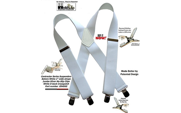 HoldUp Suspender Contractor Series Bakers White 2" Wide Work X-Back Suspenders with Patented Jumbo Silver No-Slip Clips