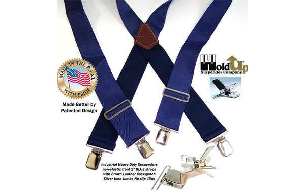 Navy Blue Industrial 2" Wide Non-Elastic Suspenders with No-Slip Jumbo Silver Clips