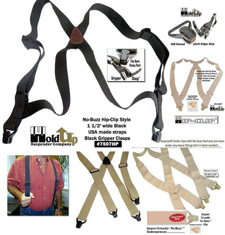 No-Alarm Airport Friendly USA made Holdup suspenders in various styles won't trigger building metal detectors