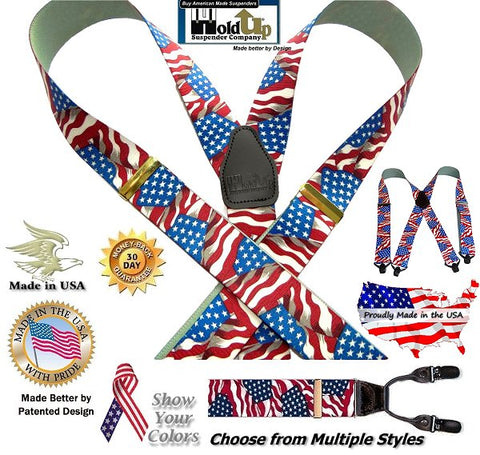Holdup USA made American Flag pattern clip-on suspenders in various sizes and styles