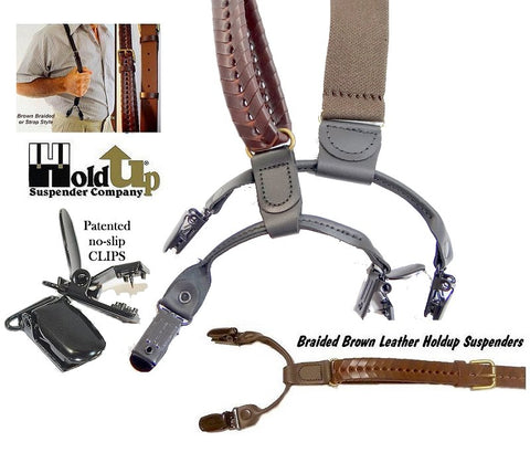 Holdup top grade leather suspenders in a brown braided Double-Up style with dual patented no-slip clips