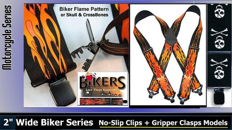 Biker Series Heavy Duty Holdup suspenders in US Flag, Flames and Skull Patterns