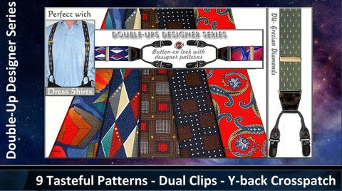 Holdup dual clip dressy designer pattern suspenders look and wear like botton-on men's suspenders