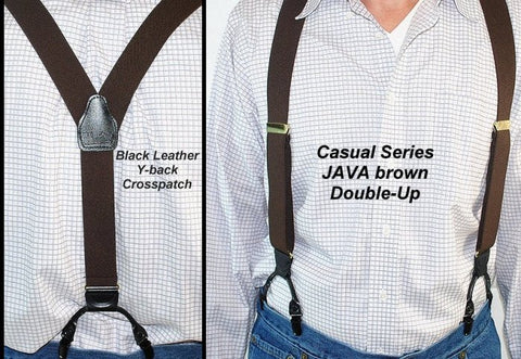 Java Brown Casual Seriwes dual clip Double-Up style suspenders are made in the USA by Holdup Suspender Company