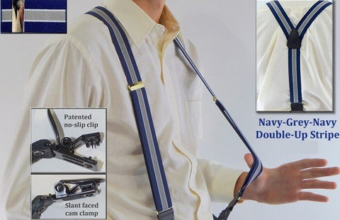 Striped Double-Up style Navy suspenders with Blue with Grey and white stripes and patented black no-slip clips
