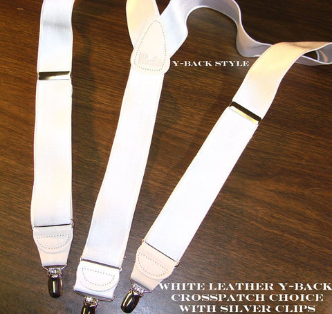 White Y-back Holdup brand clip-on suspenders with white leather crosspatch embossed with Holdup logo
