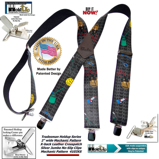 Holdup XL Black Industrial Series Non-elastic Suspenders with No-slip Jumbo  Silver Clips