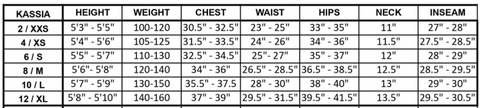 Kassia Wetsuits Size Chart