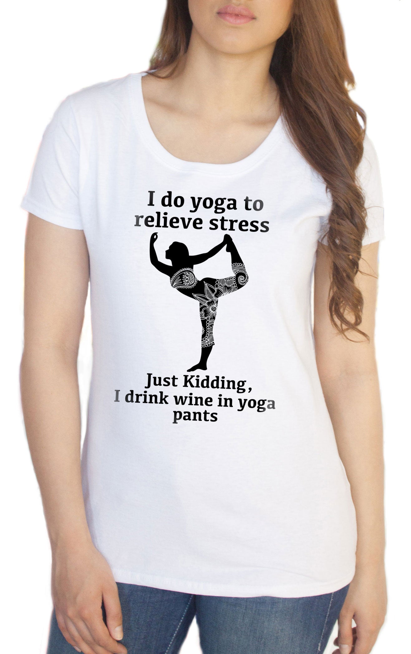 Funny Yoga - Women's T-Shirt Yoga Pose 'Just kidding, i drink wine in yoga pants' Funny  yoga slogan TS1338