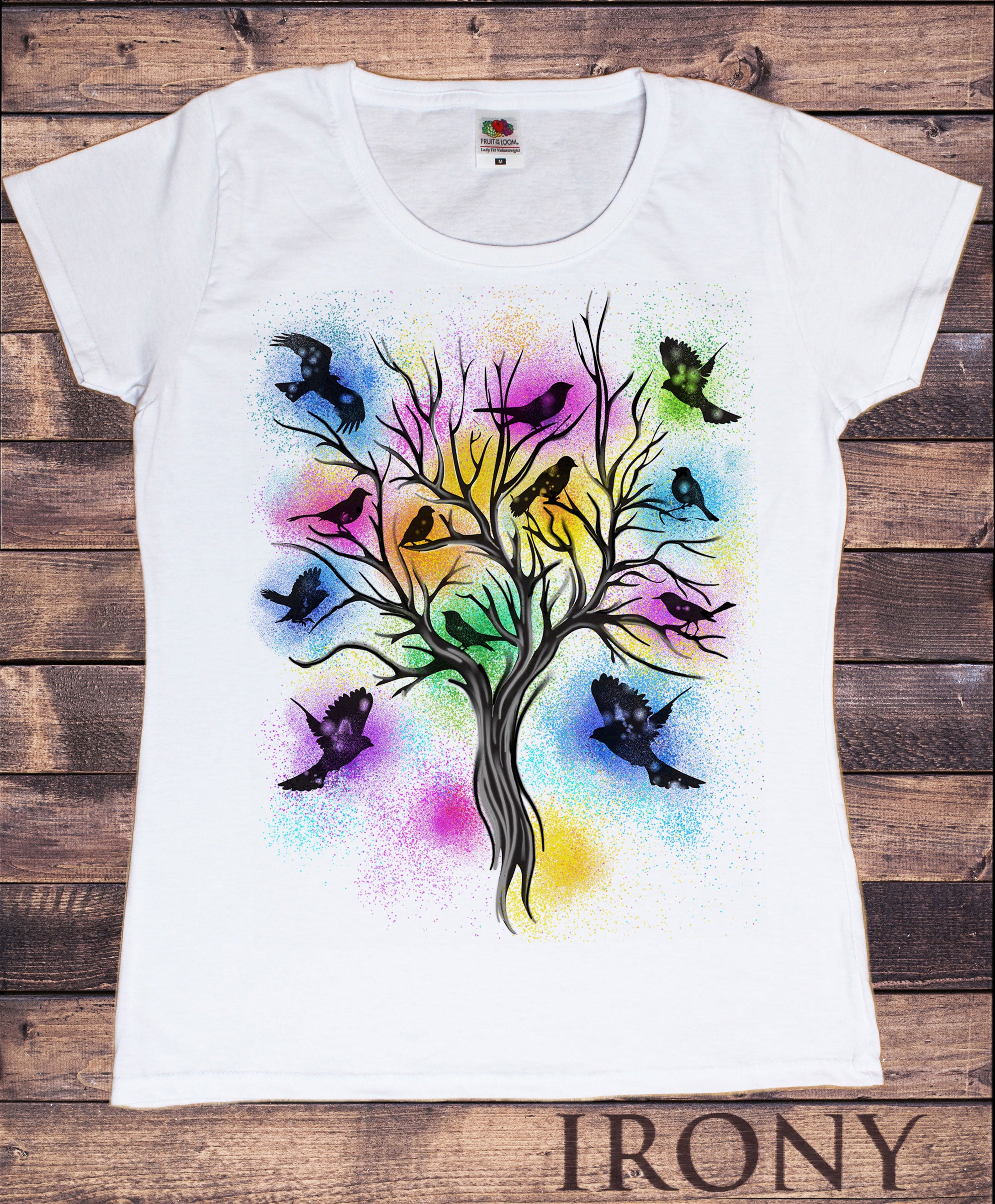 Women's White T-Shirt Bird Beautiful Paint Splatter Brush Effect Print TS925