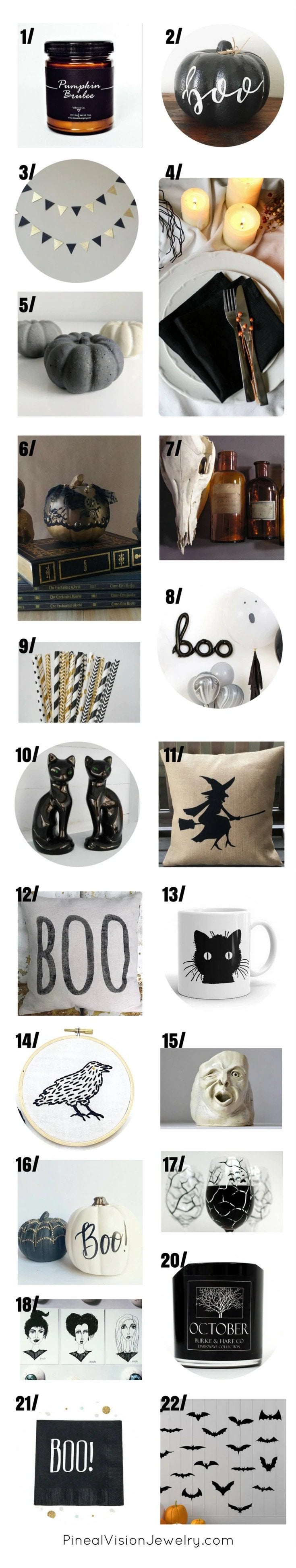 22 black and white Halloween decorations.